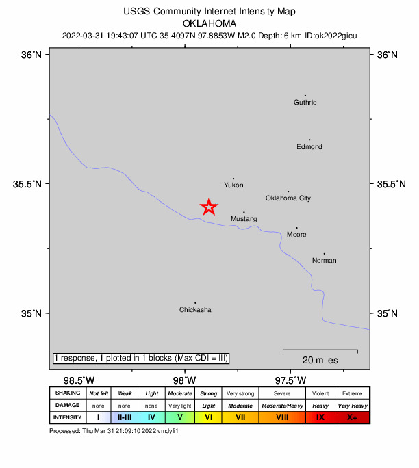 USGS DYFI community-reported intensity map for the M2.0 earthquake near 5 km ENE of Union City, Oklahoma