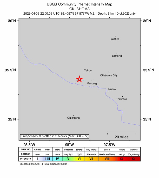 USGS DYFI community-reported intensity map for the M2.1 earthquake near 6 km ENE of Union City, Oklahoma