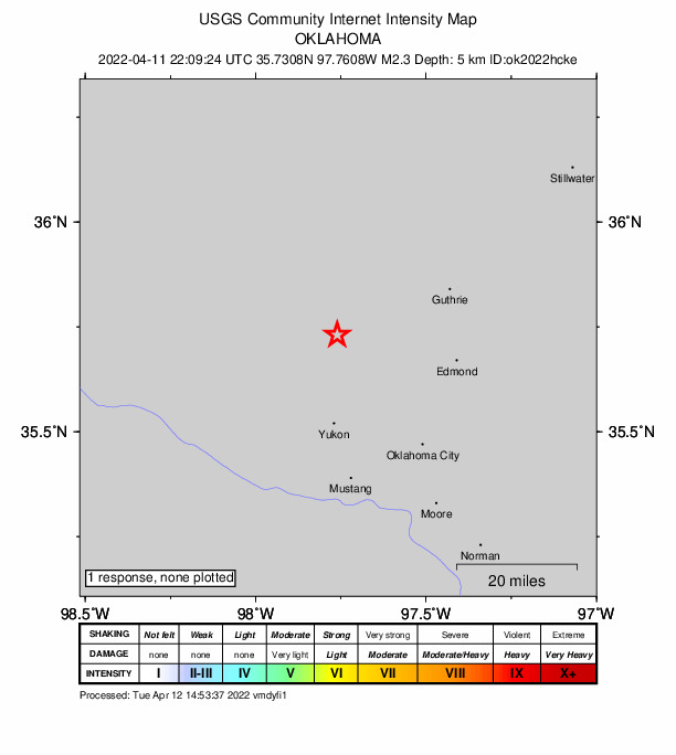 USGS DYFI community-reported intensity map for the M2.3 earthquake near 9 km N of Piedmont, Oklahoma