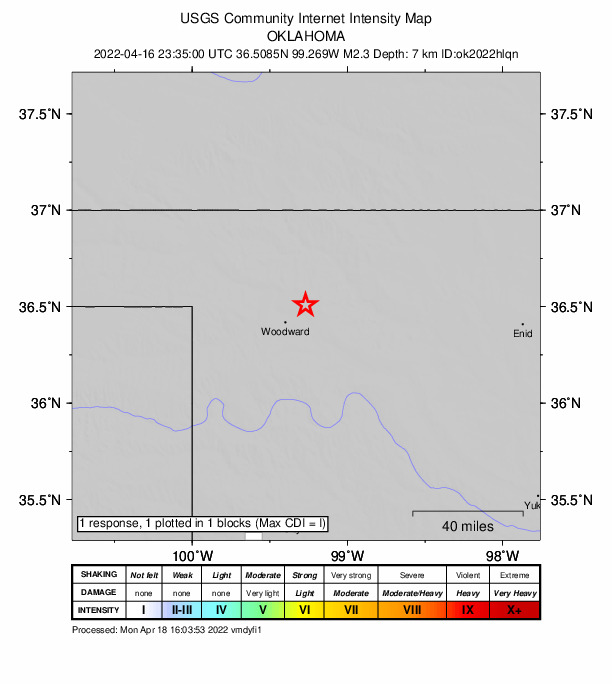 USGS DYFI community-reported intensity map for the M2.3 earthquake near 9 km NW of Mooreland, Oklahoma