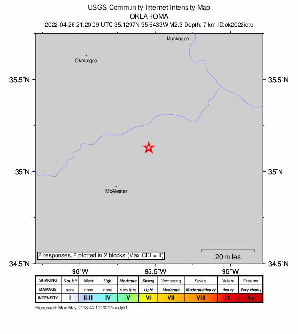 USGS DYFI community-reported intensity map for the M2.3 earthquake near 11 km ESE of Canadian, Oklahoma
