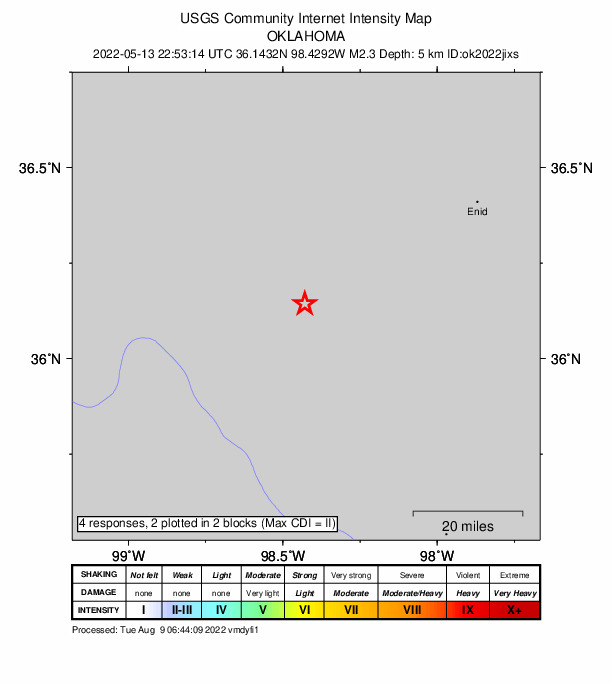 USGS DYFI community-reported intensity map for the M2.3 earthquake near 10 km WNW of Okeene, Oklahoma