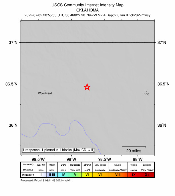USGS DYFI community-reported intensity map for the M2.4 earthquake near 17 km SE of Waynoka, Oklahoma