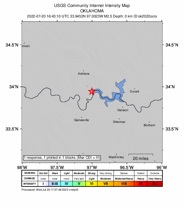 USGS DYFI community-reported intensity map for the M2.5 earthquake near 9 km WSW of Lebanon, Oklahoma