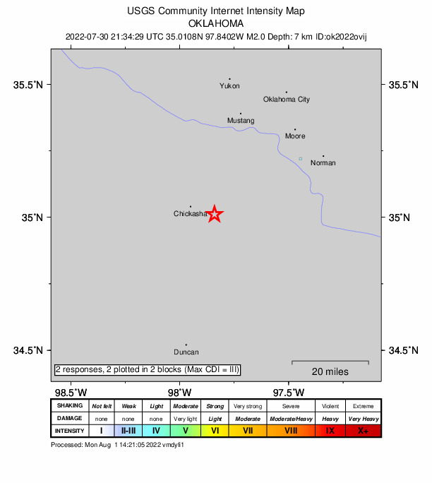 USGS DYFI community-reported intensity map for the M2.0 earthquake near 9 km ESE of Chickasha, Oklahoma