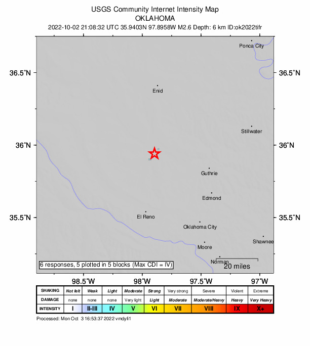 USGS DYFI community-reported intensity map for the M2.6 earthquake near 4 km SSE of Dover, Oklahoma