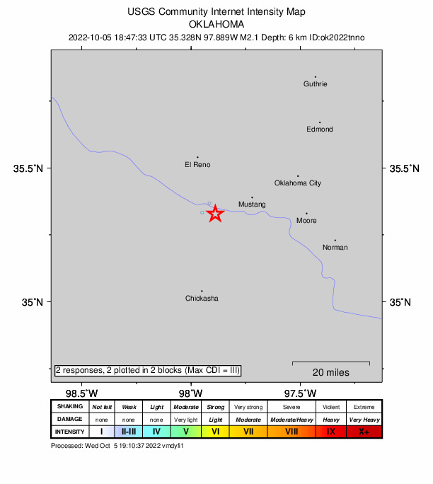 USGS DYFI community-reported intensity map for the M2.1 earthquake near 5 km ENE of Minco, Oklahoma