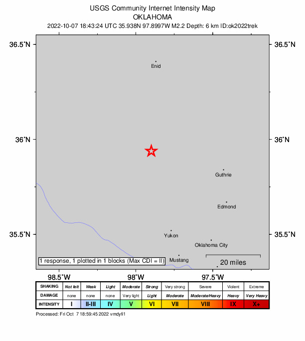 USGS DYFI community-reported intensity map for the M2.2 earthquake near 4 km SSE of Dover, Oklahoma