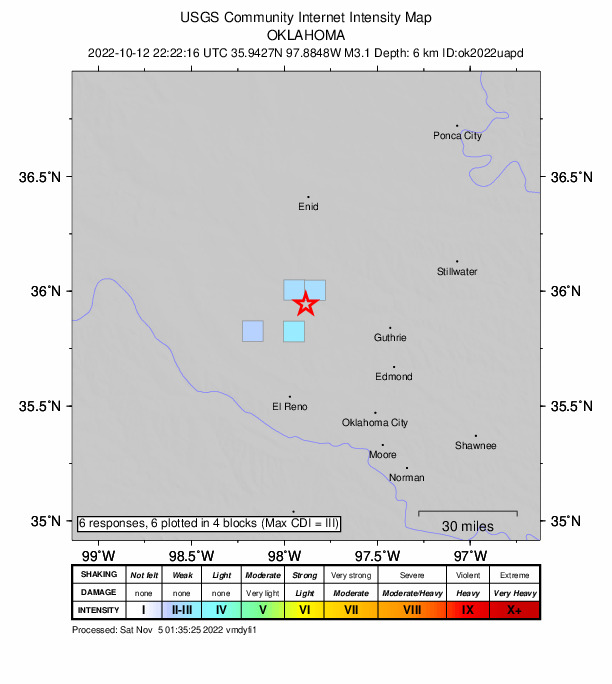 USGS DYFI community-reported intensity map for the M3.1 earthquake near 4 km SSE of Dover, Oklahoma