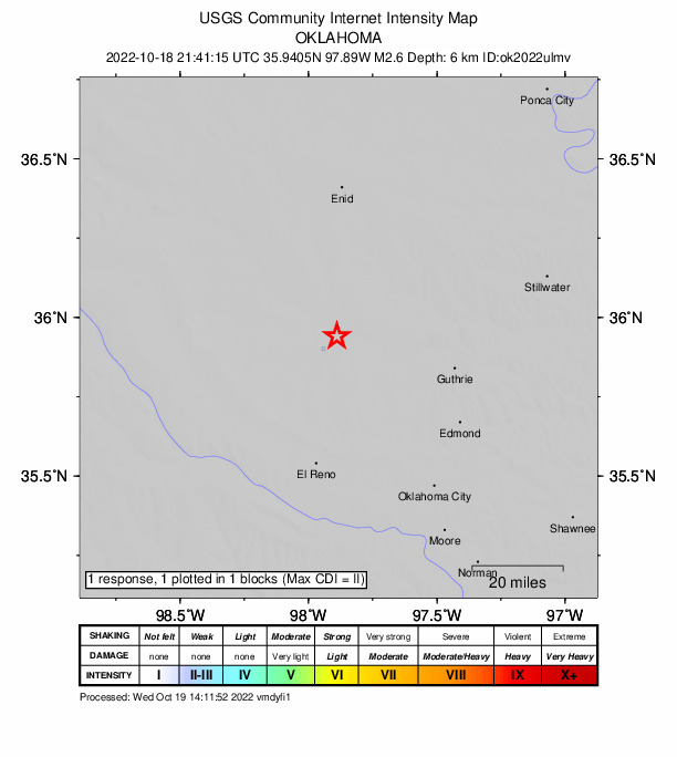 USGS DYFI community-reported intensity map for the M2.6 earthquake near 4 km SSE of Dover, Oklahoma