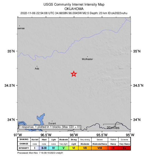 USGS DYFI community-reported intensity map for the M2.5 earthquake near 2 km ENE of Wardville, Oklahoma