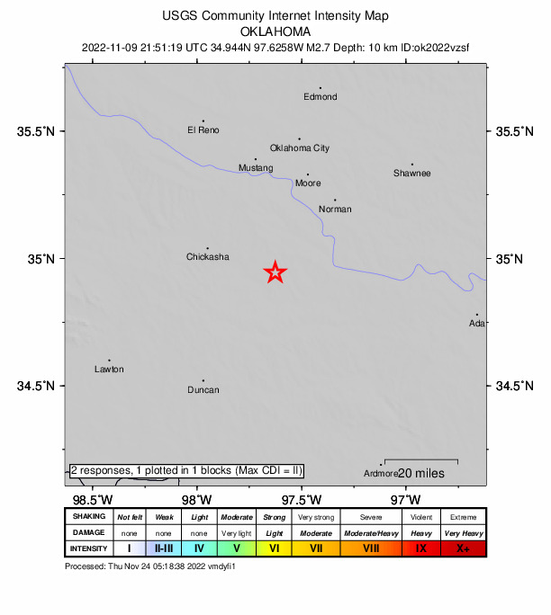 USGS DYFI community-reported intensity map for the M2.7 earthquake near 9 km S of Dibble, Oklahoma