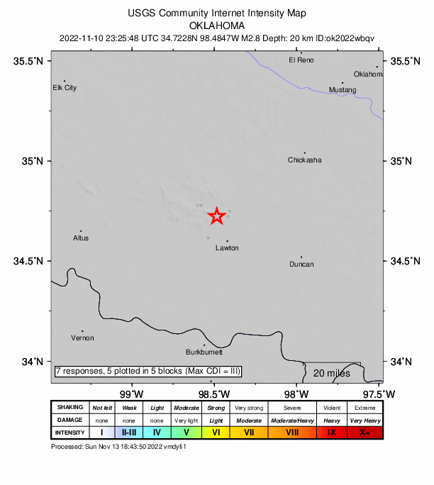 USGS DYFI community-reported intensity map for the M2.8 earthquake near 1 km ESE of Medicine Park, Oklahoma