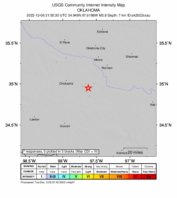 USGS DYFI community-reported intensity map for the M2.8 earthquake near Oklahoma