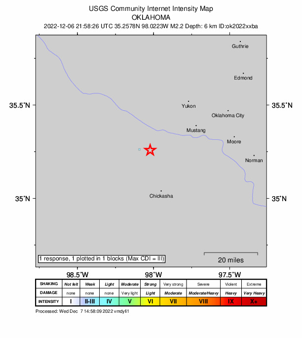 USGS DYFI community-reported intensity map for the M2.2 earthquake near 9 km SW of Minco, Oklahoma