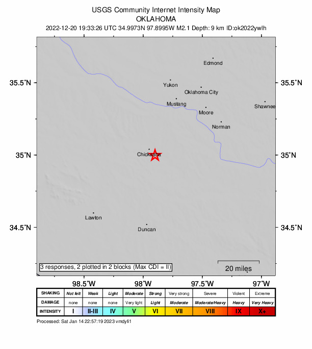 USGS DYFI community-reported intensity map for the M2.1 earthquake near 5 km NNE of Ninnekah, Oklahoma