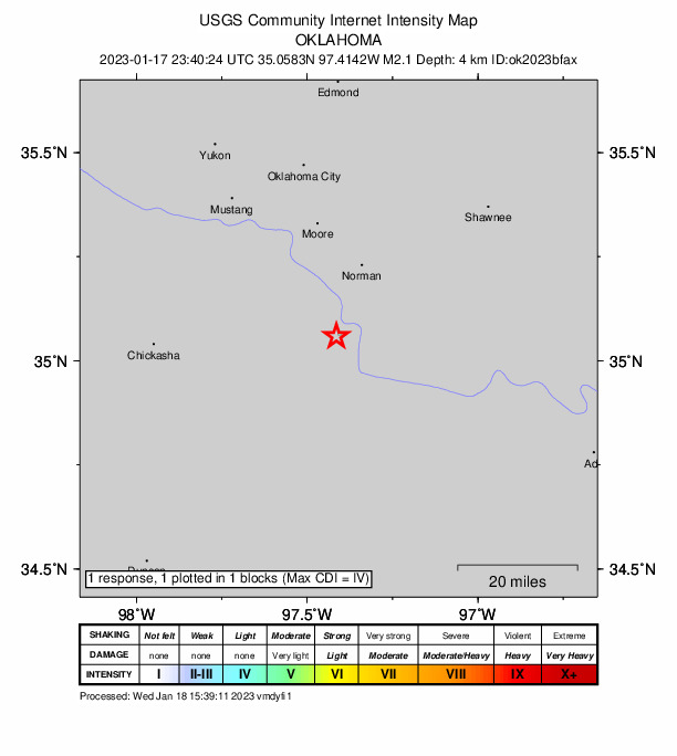 USGS DYFI community-reported intensity map for the M2.1 earthquake near Oklahoma