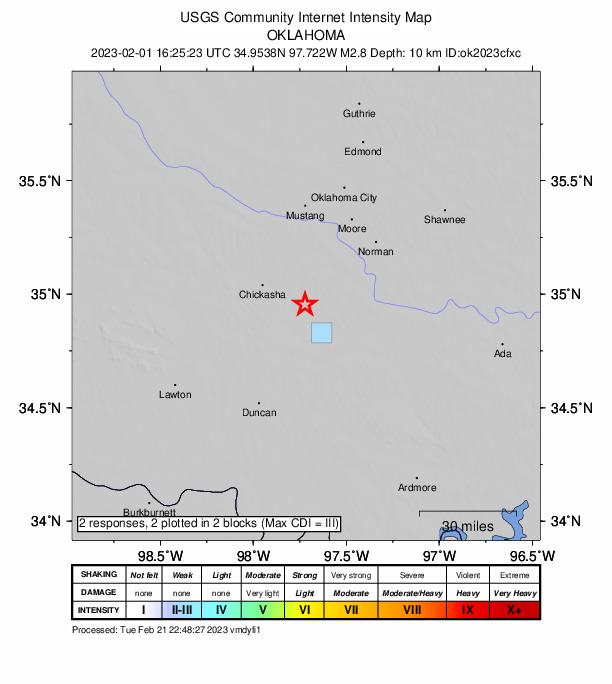 USGS DYFI community-reported intensity map for the M2.8 earthquake near 6 km NE of Alex, Oklahoma