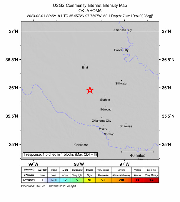 USGS DYFI community-reported intensity map for the M2.1 earthquake near 13 km E of Dover, Oklahoma