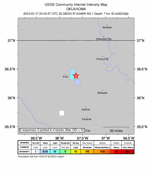 USGS DYFI community-reported intensity map for the M3.1 earthquake near 6 km ENE of Fairmont, Oklahoma