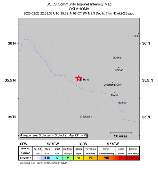 USGS DYFI community-reported intensity map for the M2.3 earthquake near 9 km SSE of Calumet, Oklahoma