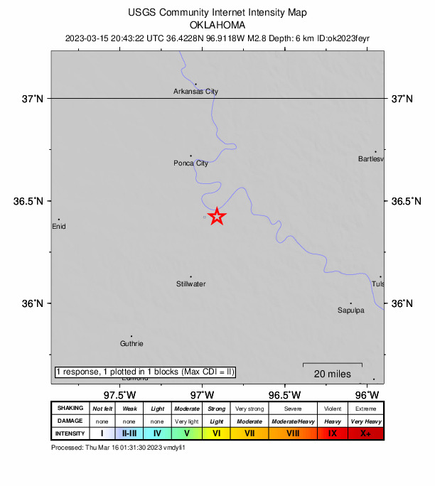 USGS DYFI community-reported intensity map for the M2.8 earthquake near 13 km NW of Pawnee, Oklahoma