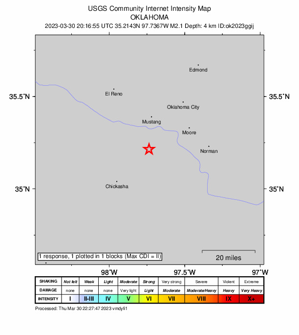 USGS DYFI community-reported intensity map for the M2.1 earthquake near 2 km S of Bridge Creek, Oklahoma