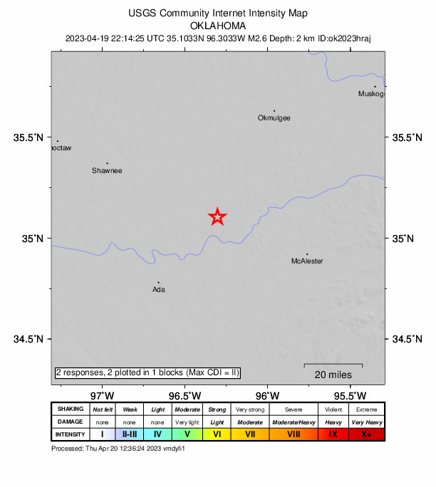 USGS DYFI community-reported intensity map for the M2.6 earthquake near 5 km WNW of Horntown, Oklahoma