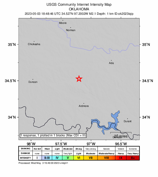 USGS DYFI community-reported intensity map for the M2.1 earthquake near 7 km WNW of Davis, Oklahoma