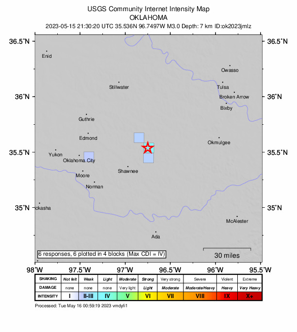 USGS DYFI community-reported intensity map for the M3.0 earthquake near 8 km NW of Prague, Oklahoma