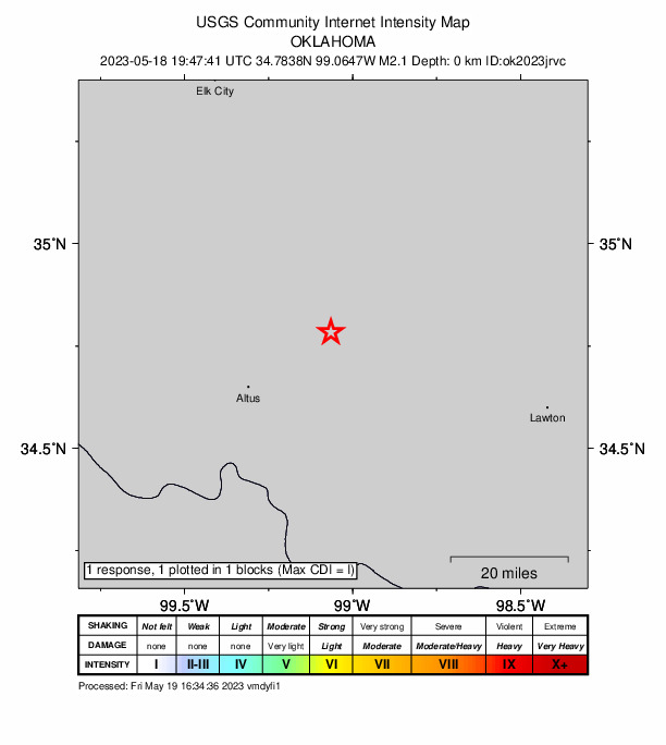USGS DYFI community-reported intensity map for the M2.1 earthquake near 8 km SSW of Roosevelt, Oklahoma