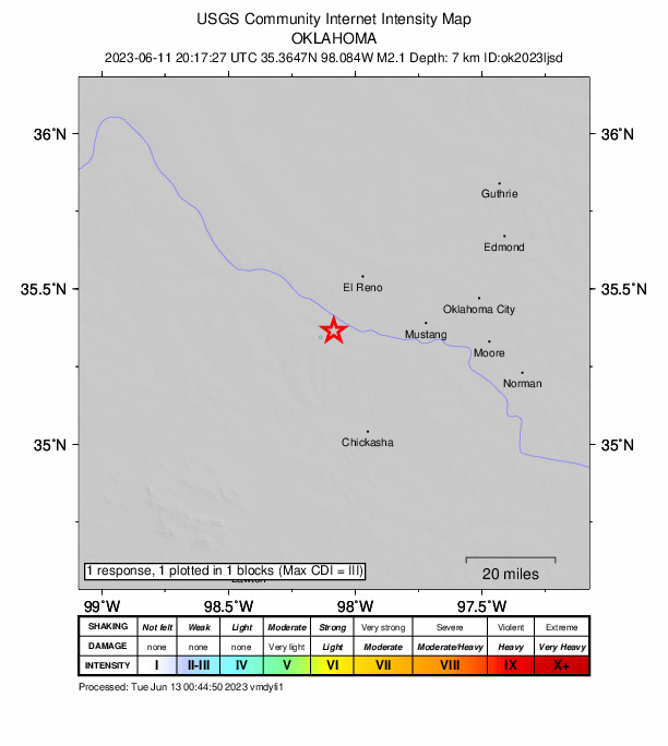 USGS DYFI community-reported intensity map for the M2.1 earthquake near 13 km WSW of Union City, Oklahoma