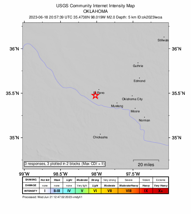 USGS DYFI community-reported intensity map for the M2.0 earthquake near 8 km SW of El Reno, Oklahoma