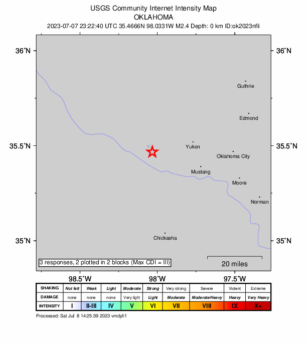 USGS DYFI community-reported intensity map for the M2.0 earthquake near 9 km SW of El Reno, Oklahoma