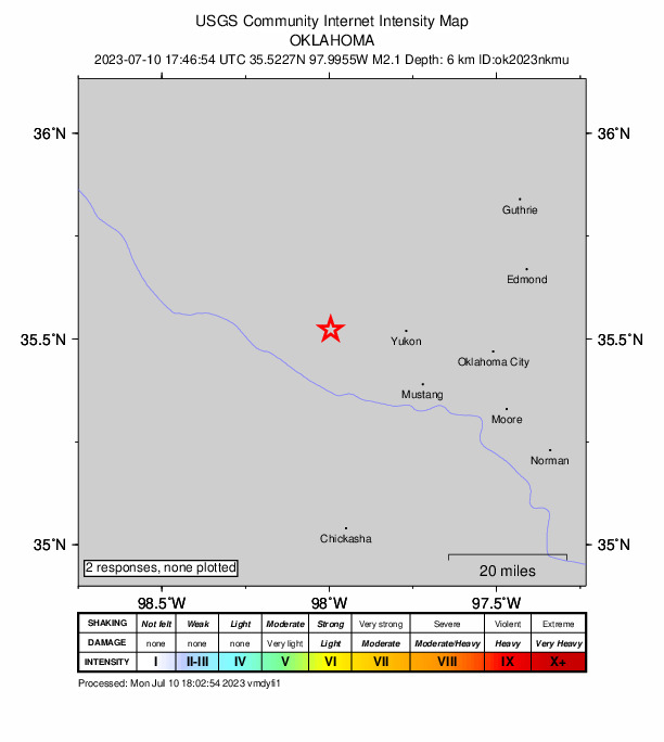 USGS DYFI community-reported intensity map for the M2.1 earthquake near 3 km WSW of El Reno, Oklahoma