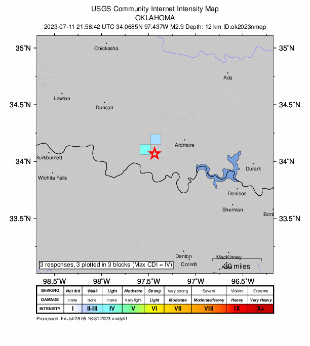 USGS DYFI community-reported intensity map for the M2.9 earthquake near 10 km S of Wilson, Oklahoma