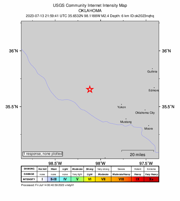USGS DYFI community-reported intensity map for the M2.4 earthquake near 5 km N of Calumet, Oklahoma