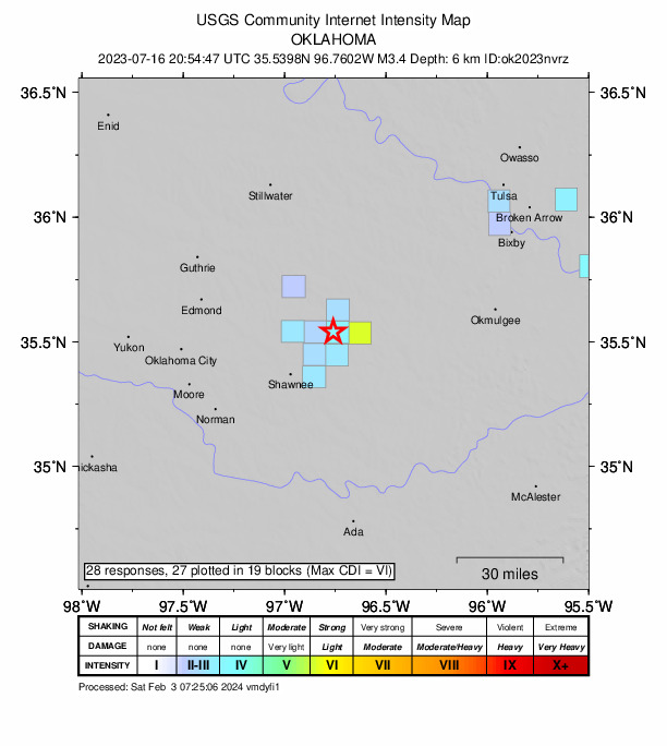 USGS DYFI community-reported intensity map for the M3.4 earthquake near 9 km NW of Prague, Oklahoma