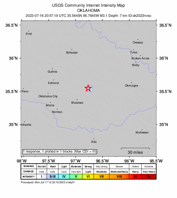 USGS DYFI community-reported intensity map for the M3.1 earthquake near 8 km SE of Sparks, Oklahoma