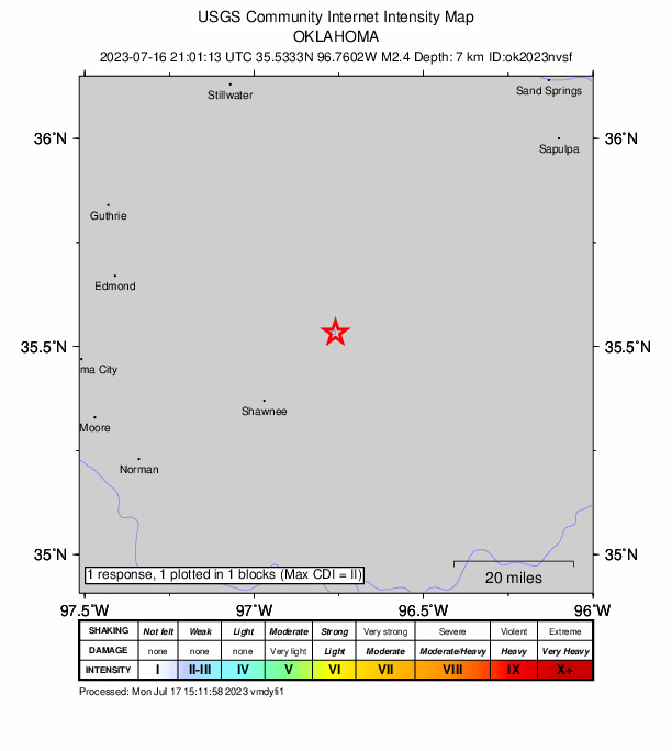 USGS DYFI community-reported intensity map for the M2.4 earthquake near 8 km NW of Prague, Oklahoma