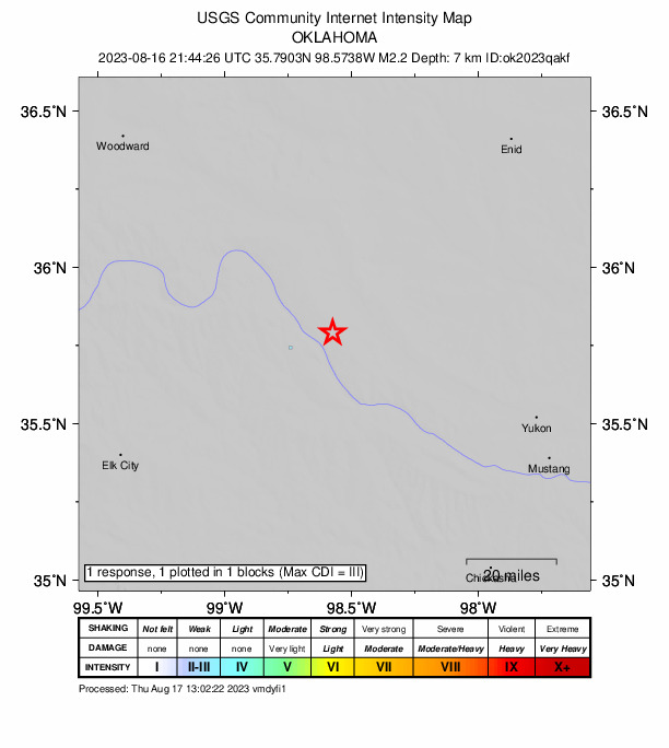 USGS DYFI community-reported intensity map for the M2.2 earthquake near 15 km WSW of Watonga, Oklahoma