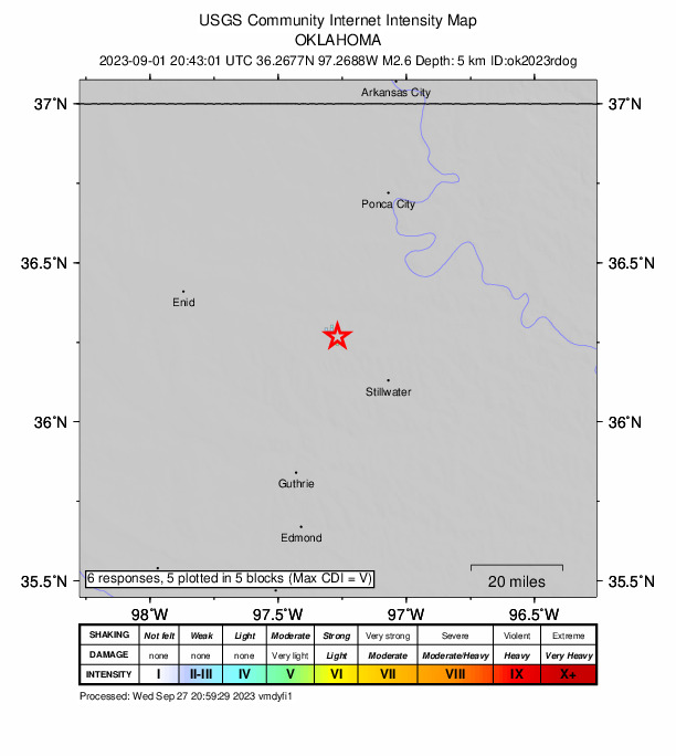 USGS DYFI community-reported intensity map for the M2.6 earthquake near 2 km SE of Perry, Oklahoma