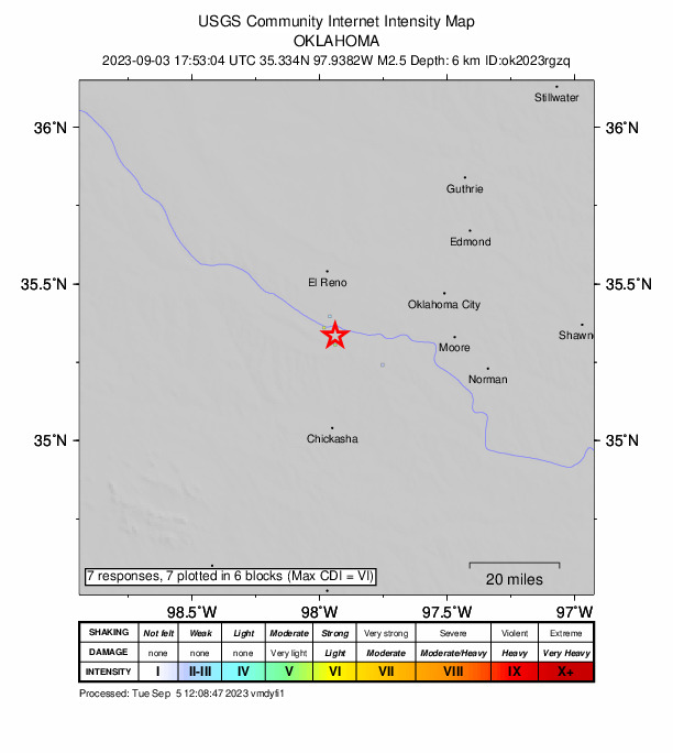 USGS DYFI community-reported intensity map for the M2.5 earthquake near 2 km NNE of Minco, Oklahoma