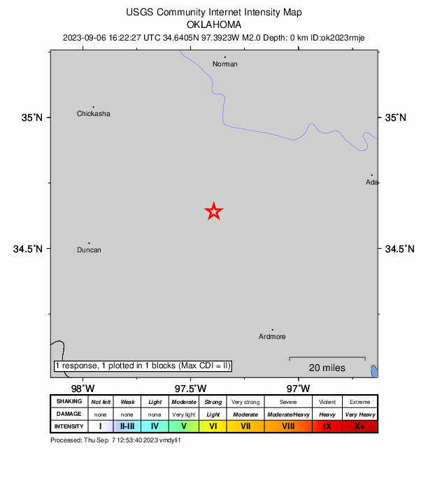 USGS DYFI community-reported intensity map for the M2.0 earthquake near 1 km N of Elmore City, Oklahoma
