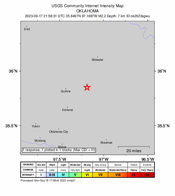 USGS DYFI community-reported intensity map for the M2.2 earthquake near 5 km E of Meridian, Oklahoma