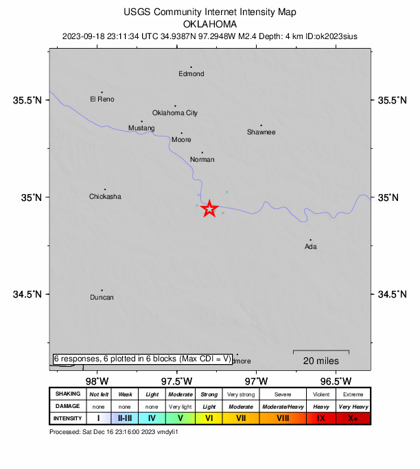 USGS DYFI community-reported intensity map for the M2.4 earthquake near 2 km NE of Wayne, Oklahoma