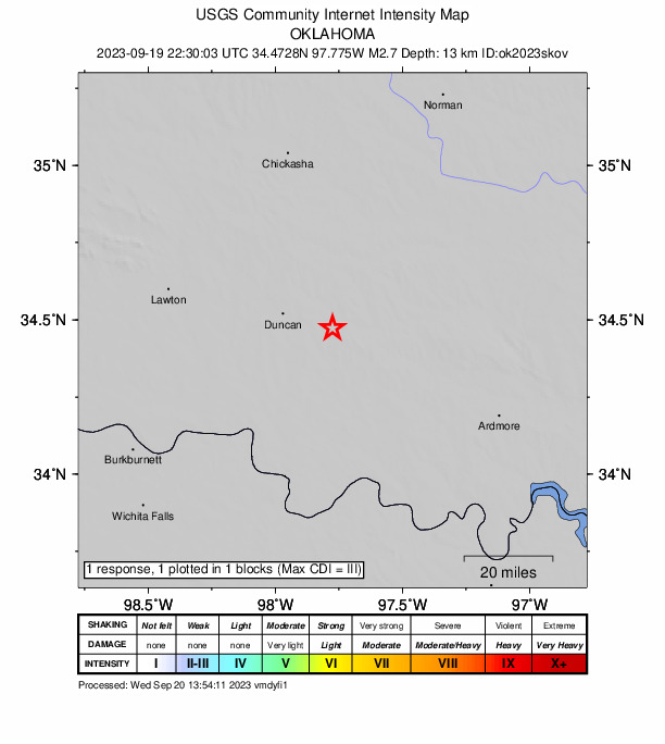 USGS DYFI community-reported intensity map for the M2.7 earthquake near 9 km W of Velma, Oklahoma