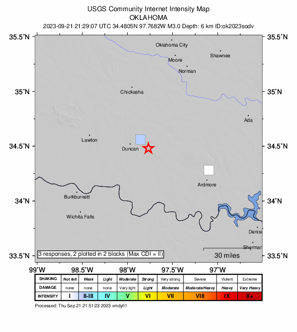 USGS DYFI community-reported intensity map for the M3.0 earthquake near 8 km WNW of Velma, Oklahoma