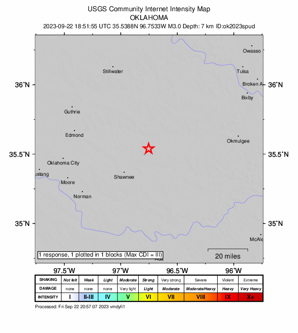 USGS DYFI community-reported intensity map for the M3.0 earthquake near 8 km NW of Prague, Oklahoma