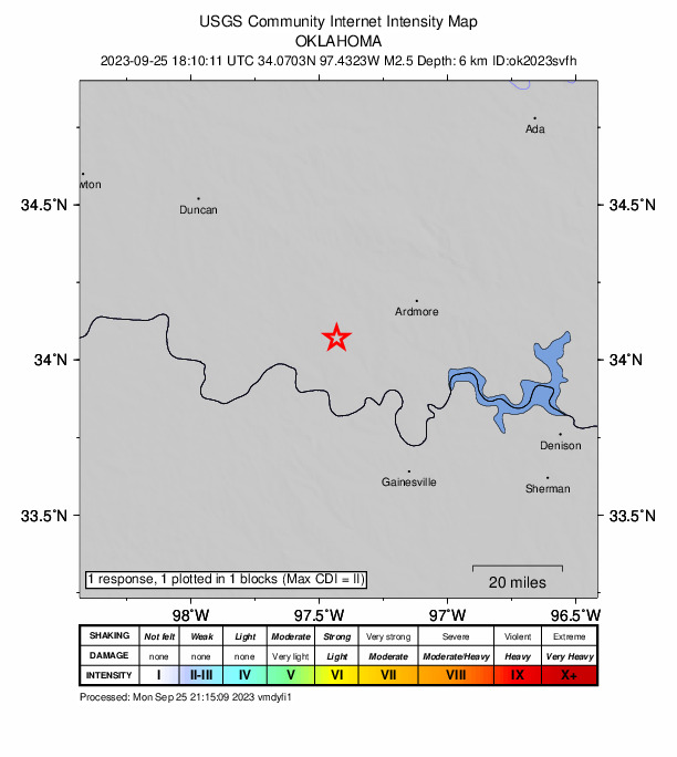 USGS DYFI community-reported intensity map for the M2.5 earthquake near 10 km S of Wilson, Oklahoma